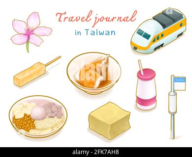 Travel Journal in Taiwan Sammlung, digitale Malerei von Sakura, Express-Zug, Bushaltestelle, Joghurt Getränk und taiwanesischen Essen isometrische Cartoon-Ikone rast Stockfoto