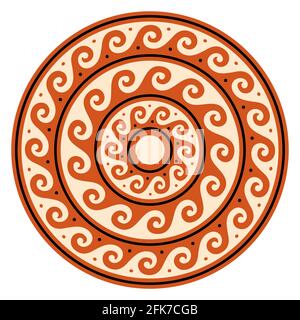 Griechischer Wellenvektor Mandala, alte runde Mäander-Kunst im Kreis, orangefarbenes Design isoliert auf Weiß Stock Vektor