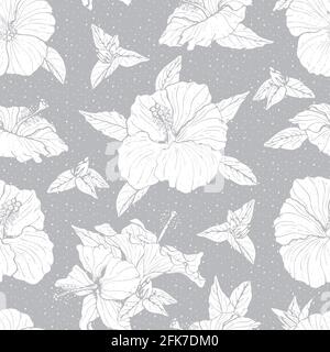 Monochromes, nahtloses Muster mit Linien-Art-grauen Hibiskusblüten, Knospen und Blättern mit grauem Umriss. Auf weißem Hintergrund. Stock Vektor