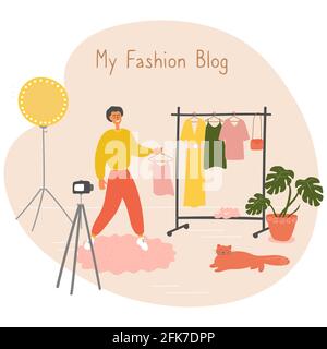 Mode-Blogger zeigt trendige Kleidung zur Kamera. Stylisten-Influencer erstellt Inhalte für Vlog. Junger Mann lehrt trendy Outfit wählen. Meinung Stock Vektor