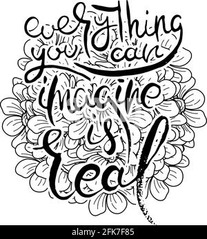 Alles, was Sie sich vorstellen können, ist echt. Handschriftzug Grunge Karte mit Blumenhintergrund. Handgefertigte Doodle-Buchstaben im Retro-Stil. Handgezeichnetes Vintage V Stock Vektor