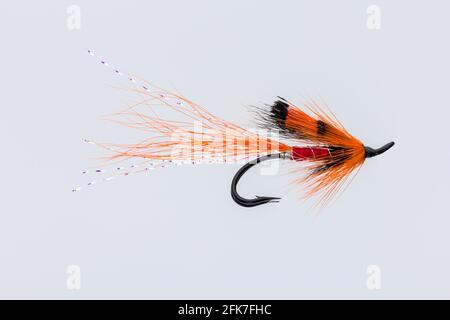 Atlantischer Lachsangeln fliegen die Original Orange Double Shrimps eines Verbündeten Fliegen Stockfoto