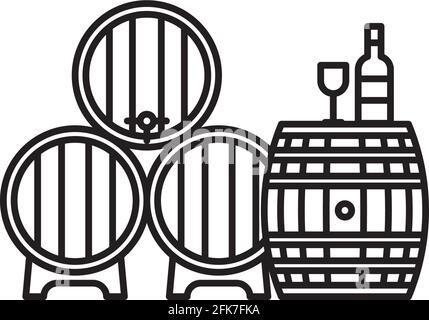 Vektorlinie für Weinprobe-Konzept für den Weintourismus-Tag am 13. November. Weinfässer, Flasche und Glasumrandungssymbol. Stock Vektor