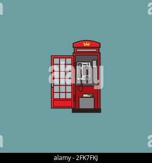 Eröffnetes rotes vintage London Telefonkastenvektor Illustration für Druckknopf-Telefon-Tag am 18. November. Telekommunikations- und Reisesymbol. Stock Vektor