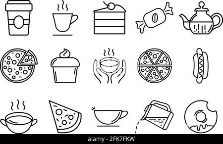 Satz von Symbolen für die Fast-Food-Linie. Enthält Scheiben Pizza, Kaffee, Kuchen, Donut, Tee, Hände mit Tasse. Stock Vektor
