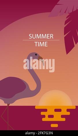 Abstraktes Sommer Hintergrund-Design zum Verkauf, Banner, Poster. Flache Palmblätter, Flamingo, Sonnenuntergang. Stock Vektor