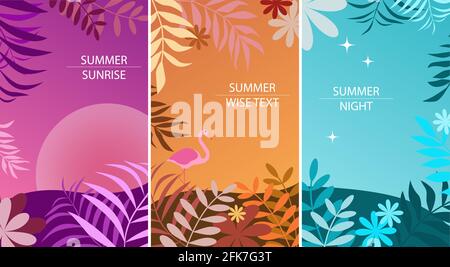 Set von abstrakten Sommer Hintergrund-Designs zum Verkauf, Banner, Poster. Flache Blüten, Palmblätter, Flamingo. Stock Vektor