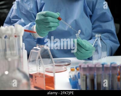 Probenflaschen mit SARS-COV-1, kalt in einer Labor-epiedomologischen Studie mit SARS-CoV-2 Covid-19 vorbereitet, konzeptionelles Bild Stockfoto