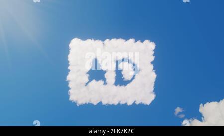 3d-Darstellung von weißen, flauschigen Wolken in Form eines Symbols Des Audiodeskription-Symbols am blauen Himmel mit Sonnenstrahlen Stockfoto