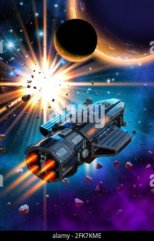 Raumschiff im Weltraum in der Nähe von außerirdischen Planetensystem, Supernova-Explosion, 3d-Illustration Stockfoto