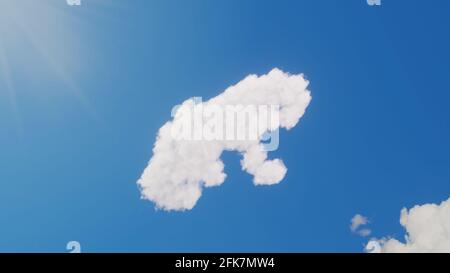 3d-Darstellung von weißen, flauschigen Wolken in Form eines Symbols Von Otter aus Profil auf blauem Himmel mit Sonnenstrahlen Stockfoto