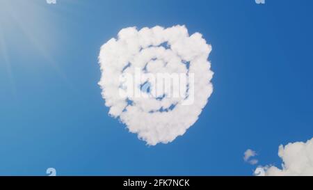 3d-Darstellung von weißen, flauschigen Wolken in Form eines Symbols Von Schild mit Euro innen auf blauem Himmel mit Sonne Strahlen Stockfoto