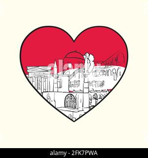 Ich liebe Nicosia. Rotes Herz und berühmte Gebäude, Zypern Zusammensetzung. Handgezeichnete schwarz-weiße Vektorgrafik. Gruppierte und bewegliche Objekte. Stock Vektor