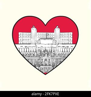Ich liebe Madrid. Rotes Herz und berühmte Gebäude, Spanien Zusammensetzung. Handgezeichnete schwarz-weiße Vektorgrafik. Gruppierte und bewegliche Objekte. Stock Vektor