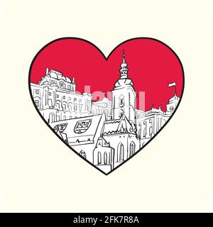 Ich liebe Zagreb. Rotes Herz und berühmte Gebäude, Kroatien Zusammensetzung. Handgezeichnete schwarz-weiße Vektorgrafik. Gruppierte und bewegliche Objekte. Stock Vektor