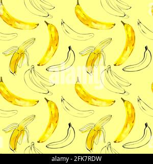 Muster mit Aquarell Illustration Bananen mit Tinte Skizze Linie auf Gelber Hintergrund Stockfoto