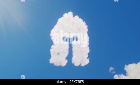 3d-Darstellung von weißen, flauschigen Wolken in Form eines Symbols Mittelalterlicher Helm am blauen Himmel mit Sonnenstrahlen Stockfoto