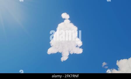 3d-Darstellung von weißen, flauschigen Wolken in Form eines Symbols Von Weihnachtsbaum mit Stern auf blauem Himmel mit Sonne Strahlen Stockfoto