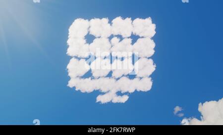 3d-Darstellung von weißen, flauschigen Wolken in Form eines Symbols Von Sonnenenergie-Panel auf blauem Himmel mit Sonnenstrahlen Stockfoto