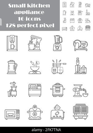 Küche kleine Geräte Linie Pixel perfekte Symbole setzen Vektor. Symbol für Haushaltsgeräte für App, Web. Kochgeräte sind gezeigt, Fleischwolf, Mixer, Stock Vektor