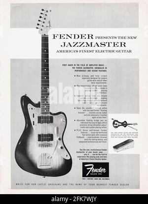 Eine Anzeige von einem Musikmagazin aus dem Jahr 1958, in der die Fender Jazzmaster E-Gitarre vorgestellt wird. Stockfoto