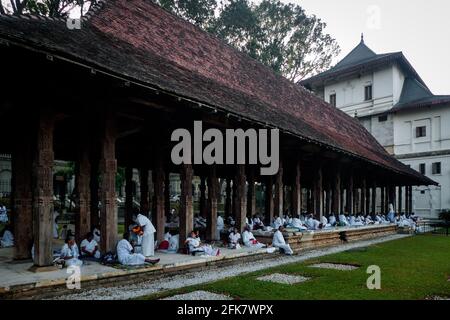 Kandy, Sri Lanka: Einige weiß gekleidete Gläubige sitzen im Gebet oder ruhen sich im Tempel der heiligen Zahnreliquie aus (Sri Dalada Maligawa) Stockfoto