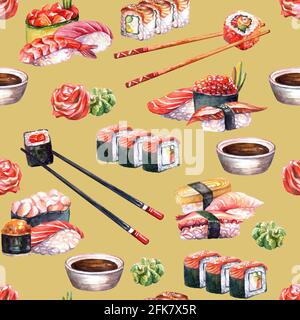 Nahtlose Muster japanische Küche Rollen mit Essstäbchen, Aquarell-Illustration. Sushi-Hintergrund. Für Design Sushi Restaurant Menü, Karten, Druck, de Stockfoto