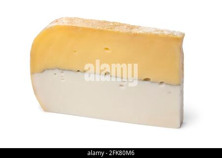 Scheibe gelber weißer Double dutch Cheese aus der Nähe isoliert Auf weißem Hintergrund Stockfoto