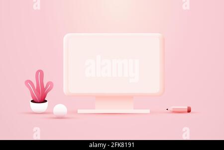 Arbeitsplatzkonzept. Bürotisch. Design für CO-Arbeiten. Desktop-Computer. Vektorgrafik Stock Vektor