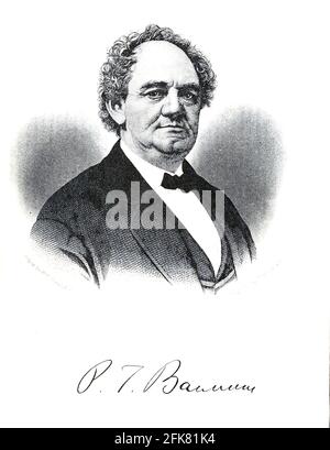 Porträt von P.T. Barnum aus dem autobiographischen Buch "Kämpfe und triumphs; oder, vierzig Jahre" Erinnerungen an P.T. Barnum ' von Barnum, P. T. (Phineas Taylor), 1810-1891 Veröffentlicht von The Courier Company Buffalo, N.Y. im Jahr 1879. Phineas Taylor Barnum (5. Juli 1810 – 7. April 1891) war ein US-amerikanischer Showman, Politiker und Geschäftsmann, der für die Förderung gefeierter Schwindel und die Gründung des Barnum & Bailey Circus (1871–2017) in Erinnerung blieb. Er war auch Autor, Verleger und Philanthropist, Stockfoto