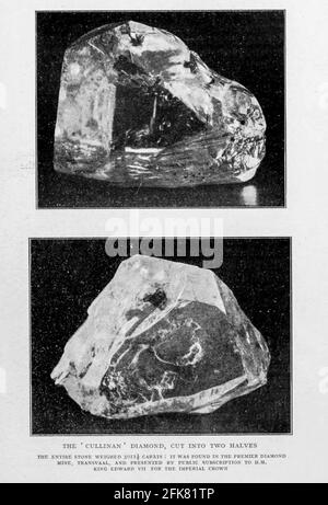 Der Cullinan-Diamant, zweigeteilt [der Cullinan-Diamant war der größte Rohdiamant in Edelsteinqualität, der jemals gefunden wurde[2], mit einem Gewicht von 3,106.75 Karat (621.35 g), der am 26. Januar 1905 in der Premier No.2 Mine in Cullinan, Südafrika, entdeckt wurde. Sie wurde nach Thomas Cullinan, dem Vorsitzenden der Mine, benannt. Im April 1905 wurde es in London in den Handel gebracht, aber trotz erheblichem Interesse war es nach zwei Jahren immer noch nicht verkauft. 1907 kaufte die Regierung der Kolonie Transvaal den Cullinan und überreichte ihn dann Edward VII., König des Vereinigten Königreichs, der ihn von Joseph Asscher & Co. In Amsterdam schneiden ließ] Fr. Stockfoto