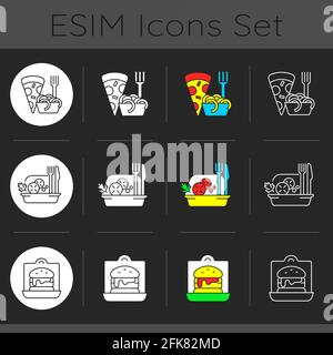 Takeaway und Lieferoption dunkles Thema Symbole gesetzt Stock Vektor