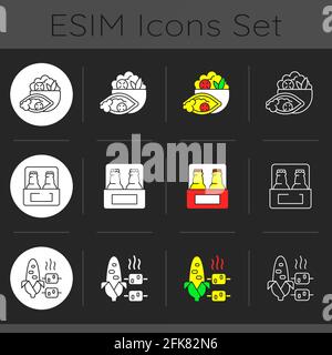 Takeaway und Lieferoption dunkles Thema Symbole gesetzt Stock Vektor