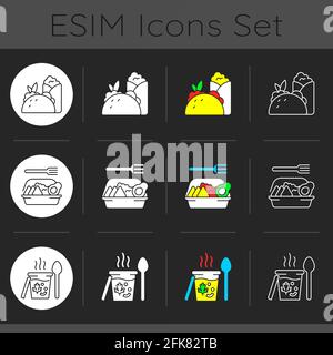 Takeaway und Lieferoption dunkles Thema Symbole gesetzt Stock Vektor