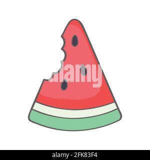 Wassermelonenscheibe mit rotem Fleisch und schwarzen Samen und mit einem Stück abgebissen. Sommer hell Symbol isoliert auf weiß. vektor-Illustration Stock Vektor