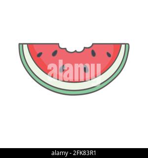 Wassermelonenscheibe mit rotem Fleisch und schwarzen Samen und mit einem Stück abgebissen. Sommer hell Symbol isoliert auf weiß. vektor-Illustration Stock Vektor