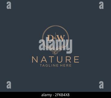DW-Buchstaben Blumenrahmen. Botanical feminin editierbar vorgefertigte monoline einzigartige Dekoration für Grußkarte, Hochzeitseinladung. Stock Vektor