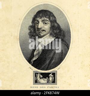 Portrait von René Descartes [hier als Rene des Cartes] (31. März 1596 – 11. Februar 1650[) war ein in Frankreich geborener Philosoph, Mathematiker, Und Wissenschaftler, der einen großen Teil seines Arbeitslebens in der Niederländischen Republik verbrachte und zunächst der niederländischen Bundesarmee von Maurice von Nassau, Prinz von Oranien und dem Stadthalter der Vereinigten Provinzen diente. Descartes, eine der bemerkenswertesten intellektuellen Persönlichkeiten des Goldenen Zeitalters der Niederlande, gilt auch weithin als einer der Begründer der modernen Philosophie. Kupferstich aus der Encyclopaedia Londinensis oder, Universal Dictionary of Arts, Sciences, and lite Stockfoto