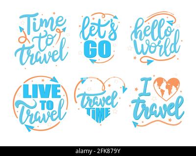 Zeit zu reisen. Handzeichnung Schriftzug, Dekorelemente. Bunte Vektor, für Kinder, flacher Stil. Baby-Design für Karten, Druck, Poster, Logo, Cover Stock Vektor