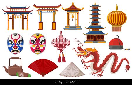 Traditionelle chinesische Elemente. Asiatische Kultur traditionelle Symbole, Pagode, Laterne und Drachen isoliert Vektor Illustration Set. Chinesische orientalische Ikonen Stock Vektor