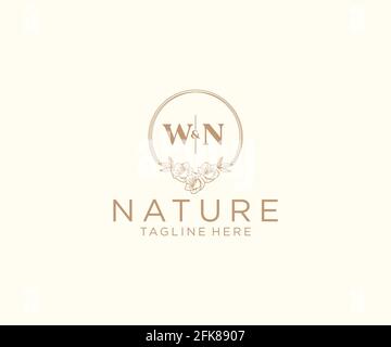 WN-Buchstaben Blumenrahmen. Botanical feminin editierbar vorgefertigte monoline einzigartige Dekoration für Grußkarte, Hochzeitseinladung. Stock Vektor