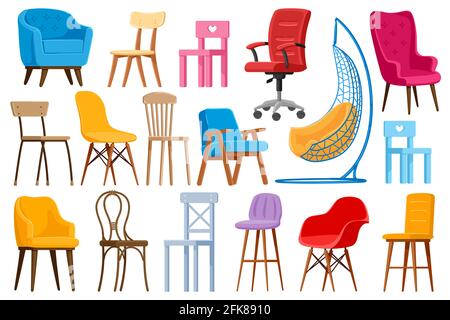 Cartoon-Stühle. Haus oder Büro moderne Stühle und Sessel, Innenmöbel Elemente isoliert Vektor Illustration Set. Innenstühle Möbel Stock Vektor