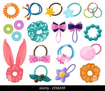 Haargummibänder. Cartoon Scrunchies, girlish Schönheit Mode Haarzubehör, elastische Pferdeschwänze Bands. Frauen Friseurwerkzeuge Vektor Illustration Stock Vektor