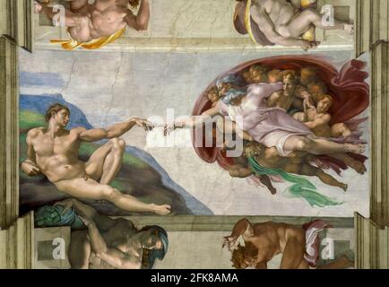 Michelangelo Buonarroti, Sixtinische Kapelle, die Schöpfung von Adam, 1512, Fresko, Vatikanische Museen, Vatikanstadt, Rom, Italien. Stockfoto