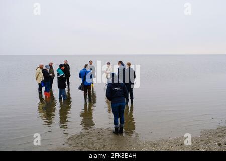 Schleswig-Holstein, Büsum: 29. April 2021, Teilnehmer einer Presseveranstaltung stehen im Büsumer Watt. An der Lagune der Familie Perlebucht wurde unter anderem eine Welterbestätte eingeweiht. Foto: Frank Molter/dpa Stockfoto