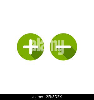 Plus- und Minuskreis flache Vektorsymbole isoliert auf weiß. Piktogramm hinzufügen oder kaufen. Gut für Web und mobiles Design. Blaue Knöpfe mit Schatten Stock Vektor