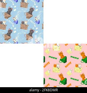 Set aus nahtlosen Mustern mit Katzen in Tassen und Boxen, Milchtropfen und Typografie auf rosa und blauen Hintergründen Stock Vektor