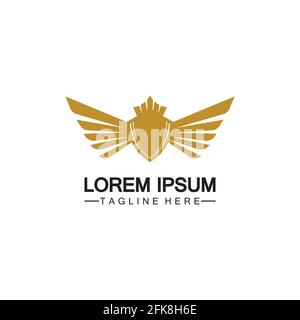 Goldenes geflügeltes Schild mit Kronenlogo / Heraldik-Symbol isoliert Weißer Hintergrund Stock Vektor