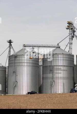 Silos in einer Futtermittelfabrik in der landwirtschaftlichen Produktion. Kitchener, Ontario, Kanada Stockfoto