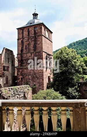 Heidelberger Schloss auf dem Königstuhl in Heidelberg, Deutschland. Der Torturm oder Uhrturm. Stockfoto